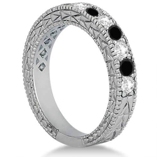 Antique White & Black Diamond Wedding Ring Band 14k White Gold (1.05ct)