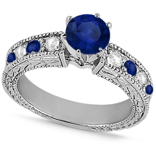 Diamond & Blue Sapphire Vintage Wedding Bridal Set in 18k White Gold (2.80ct)