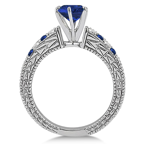 Diamond & Blue Sapphire Vintage Wedding Bridal Set in 18k White Gold (2.80ct)