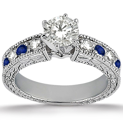 Antique Diamond & Blue Sapphire Bridal Set 18k White Gold (1.80ct)