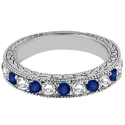 Antique Diamond & Blue Sapphire Wedding Ring Palladium (1.05ct)