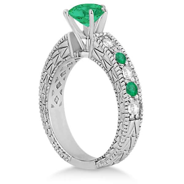 Diamond & Emerald Vintage Engagement Ring in 18k White Gold (1.75ct)