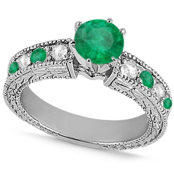 Diamond & Emerald Vintage Wedding Bridal Set in 14k White Gold (2.80ct)