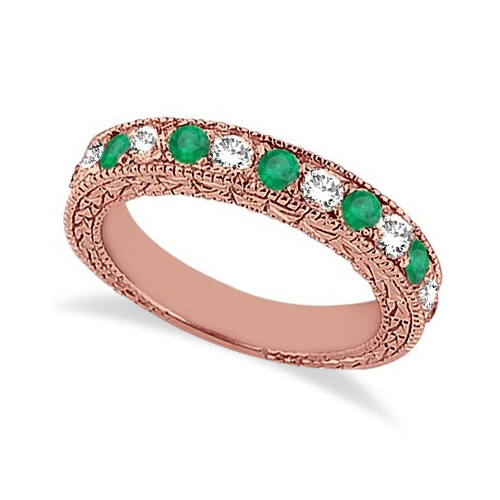 Antique Diamond & Emerald Wedding Ring 14kt Rose Gold (1.03ct)