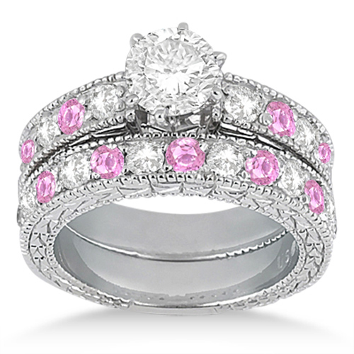 Antique Diamond & Pink Sapphire Bridal Set Palladium (1.80ct)