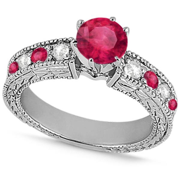 Diamond & Ruby Vintage Wedding Bridal Set in 14k White Gold (2.80ct)
