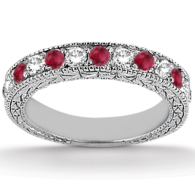 Diamond & Ruby Vintage Wedding Bridal Set in 14k White Gold (2.80ct)