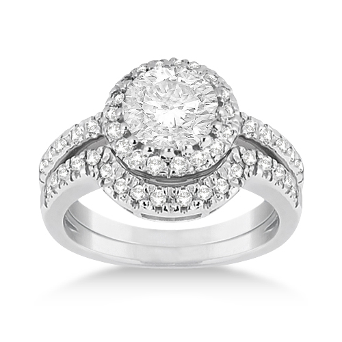 Halo Engagement Ring & Matching Wedding Band 18k White Gold (0.55ct)