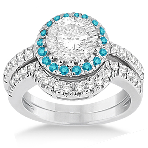 Halo Blue Diamond Engagement Ring Bridal Set Palladium (0.51ct)