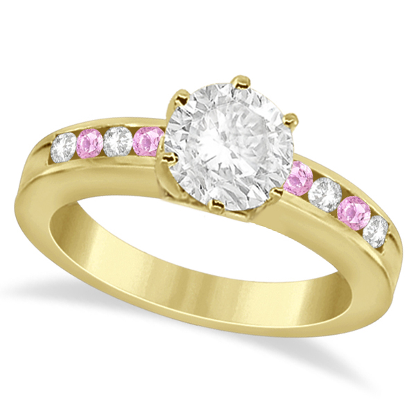 Channel Diamond & Pink Sapphire Engagement Ring 18K Y Gold (0.40ct)