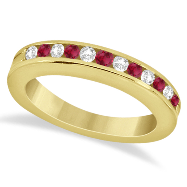 Semi-Eternity Ruby Gemstone & Diamond Bridal Set 18K Yellow Gold 0.96ct