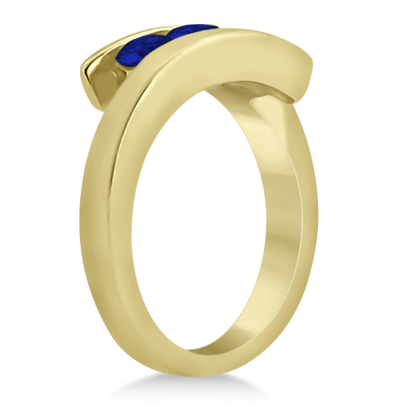 Blue Sapphire 3 Stone Journey Ring Tension Set 14K Yellow Gold 0.90ctw