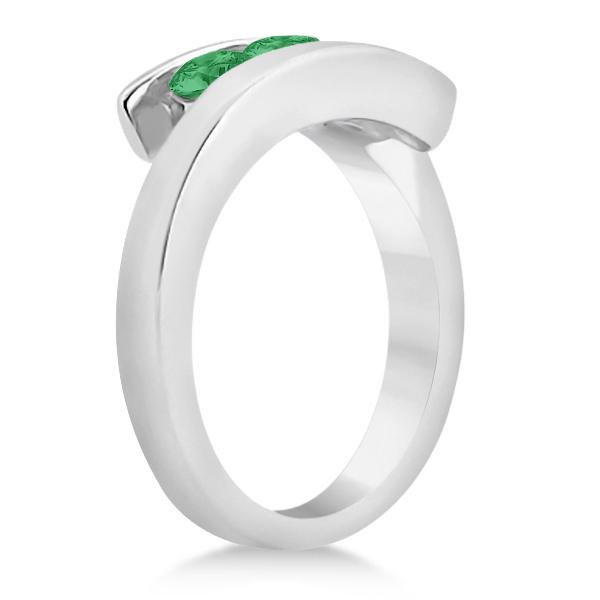 Emerald Three Stone Journey Ring Tension Set in 14K White Gold 0.72ctw