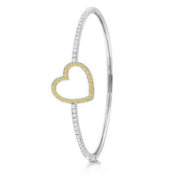 White & Yellow Diamond Heart Bangle Bracelet 14k White gold (1.00ctw)