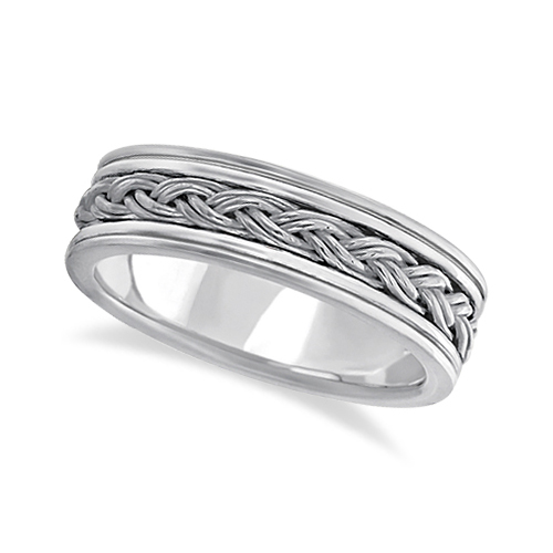 Men's Hand Braided Woven Wedding Ring 14k White Gold (6mm)