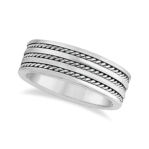 Men's Wide Flat Handmade Rope Wedding Ring 14k White Gold (8mm)