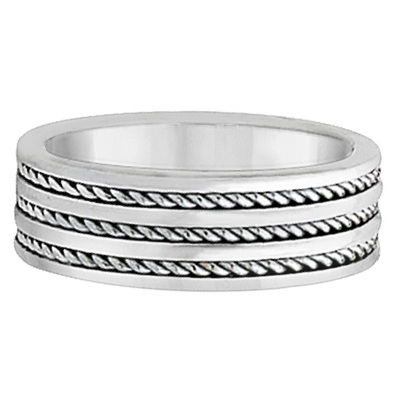Men's Wide Flat Handmade Rope Wedding Ring 14k White Gold (8mm)