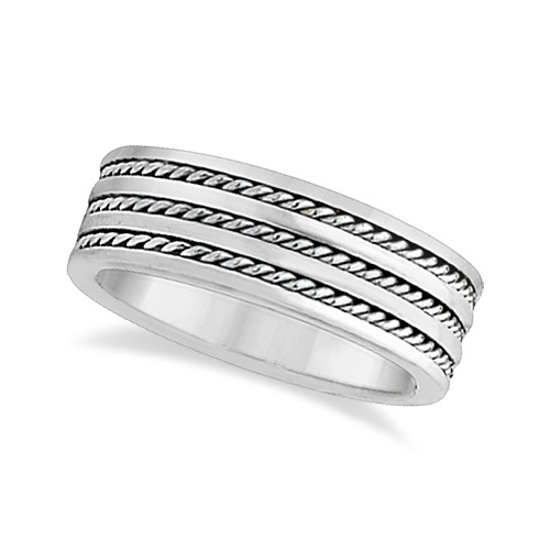 Mens Wide Flat Handmade Rope Wedding Ring 18k White Gold (8mm)