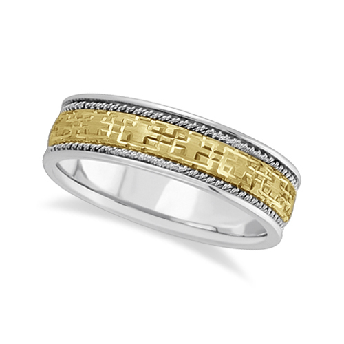 Mens Wide Handmade Vintage Carved Wedding Ring 14k Two-Tone Gold (6mm)
