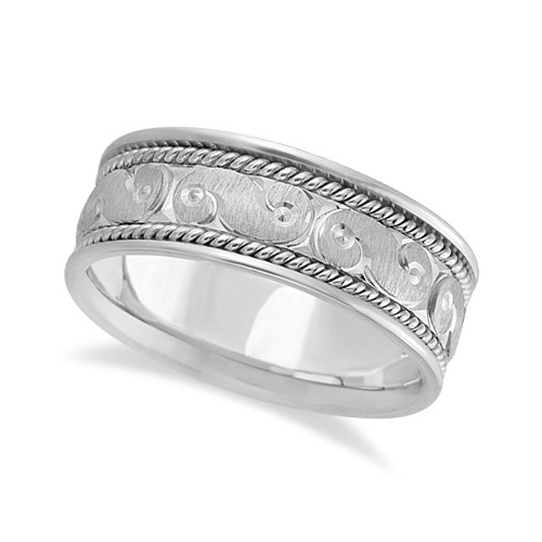 Men's Fancy Hand Made Carved Wedding Ring Band Palladium (8mm)