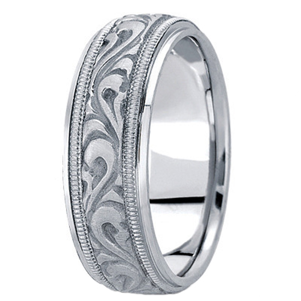 Antique Style Handmade Wedding Band in 14k White Gold (7.5mm)