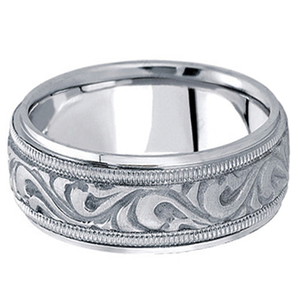 Antique Style Hand Made Wedding Band in 14k White Gold (9.5mm)