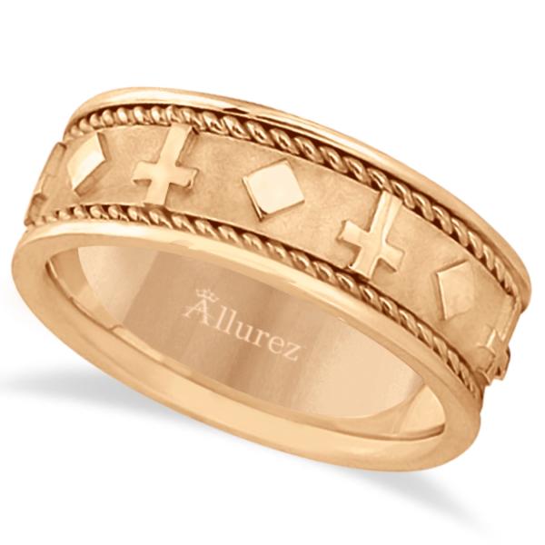 Handmade Wedding Band With Crosses in 14k Rose Gold (8.5mm)