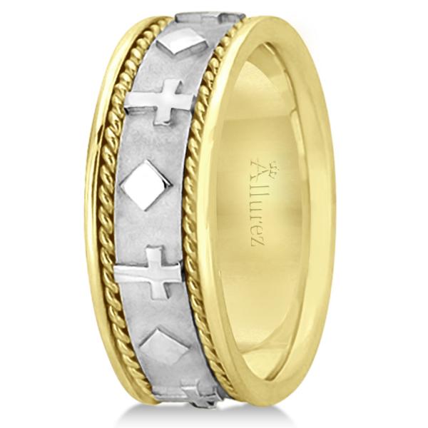 Handmade Wedding Band With Crosses in 18k Two-Tone Gold (8.5mm)