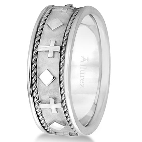 Handmade Wedding Band With Crosses in Platinum (8.5mm)