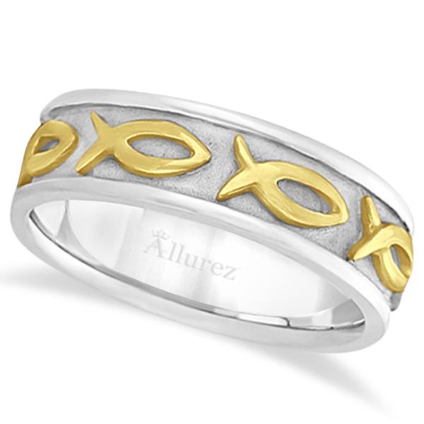 Mens Ichthus Christ Fish Symbol Wedding Ring Band 18k Two-Tone Gold (7mm)