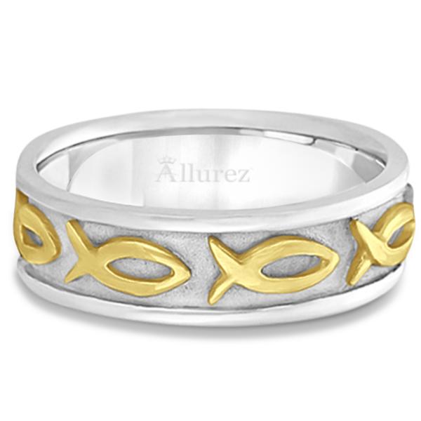 Mens Ichthus Christ Fish Symbol Wedding Ring Band 18k Two-Tone Gold (7mm)
