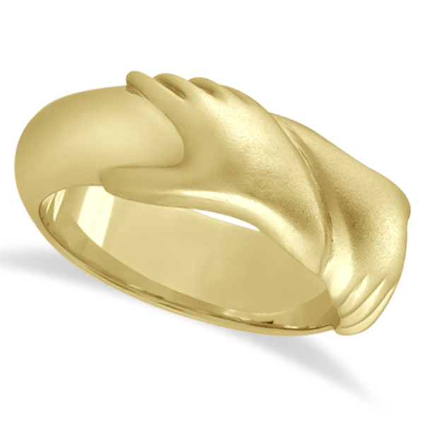 Unisex Wedding Band Friendship Ring Carved Hand Design 14K Yellow Gold