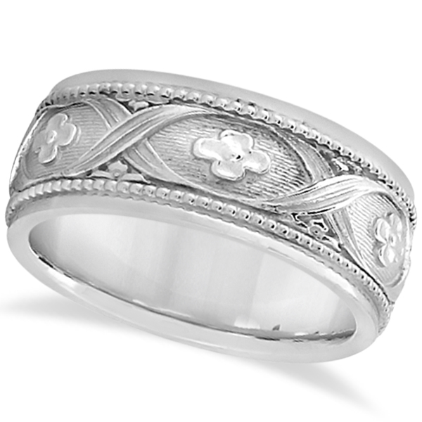 Flower Design Hand-Carved Eternity Wedding Band in 18k White Gold