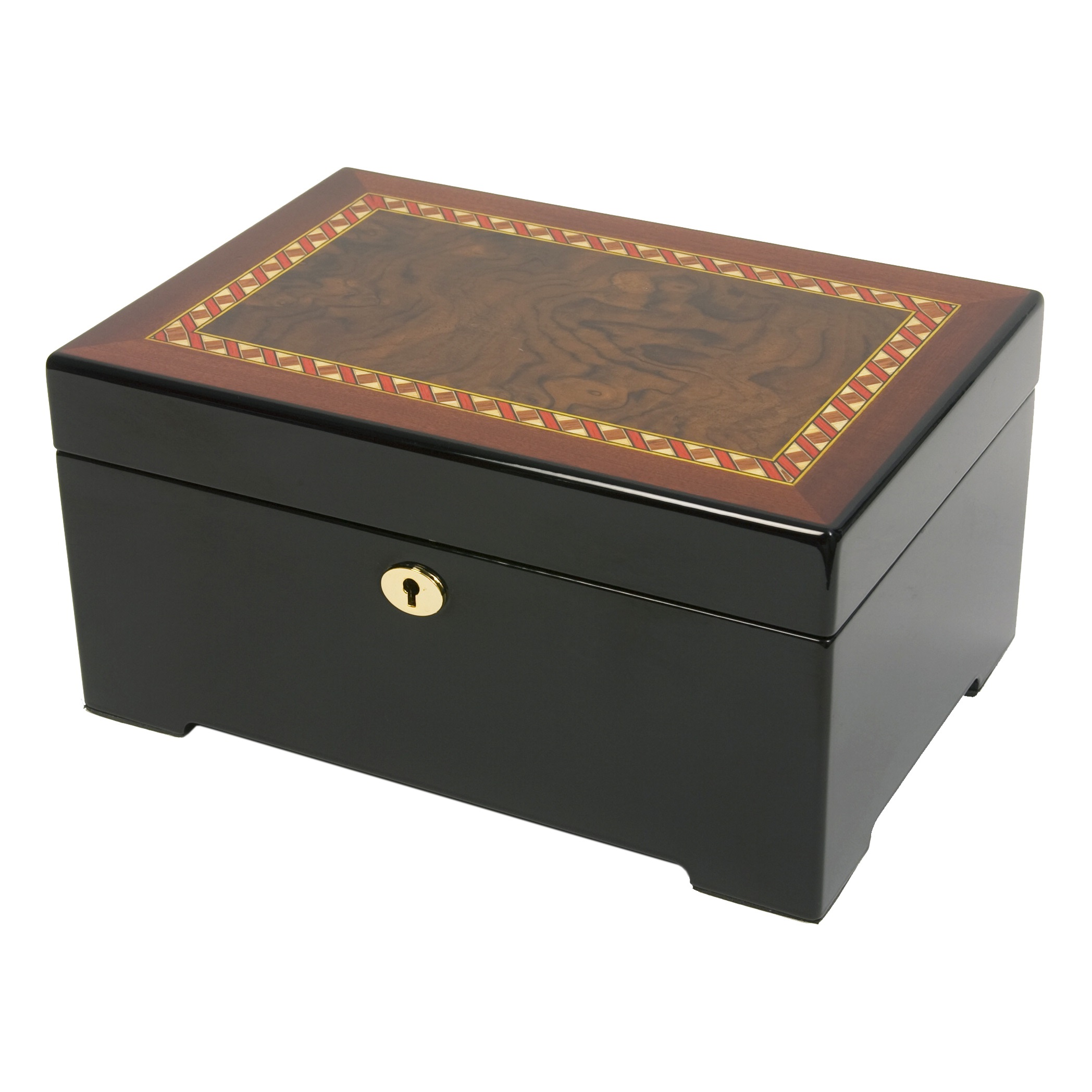 Multi-Tone Italian Inlay Scrolled Border Jewelry Box Black Enamel