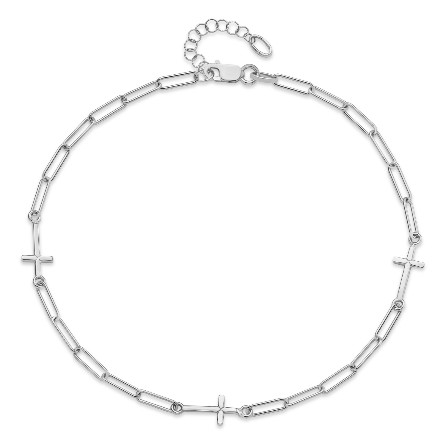 Cross Link Paperclip Station Anklet 14k White Gold