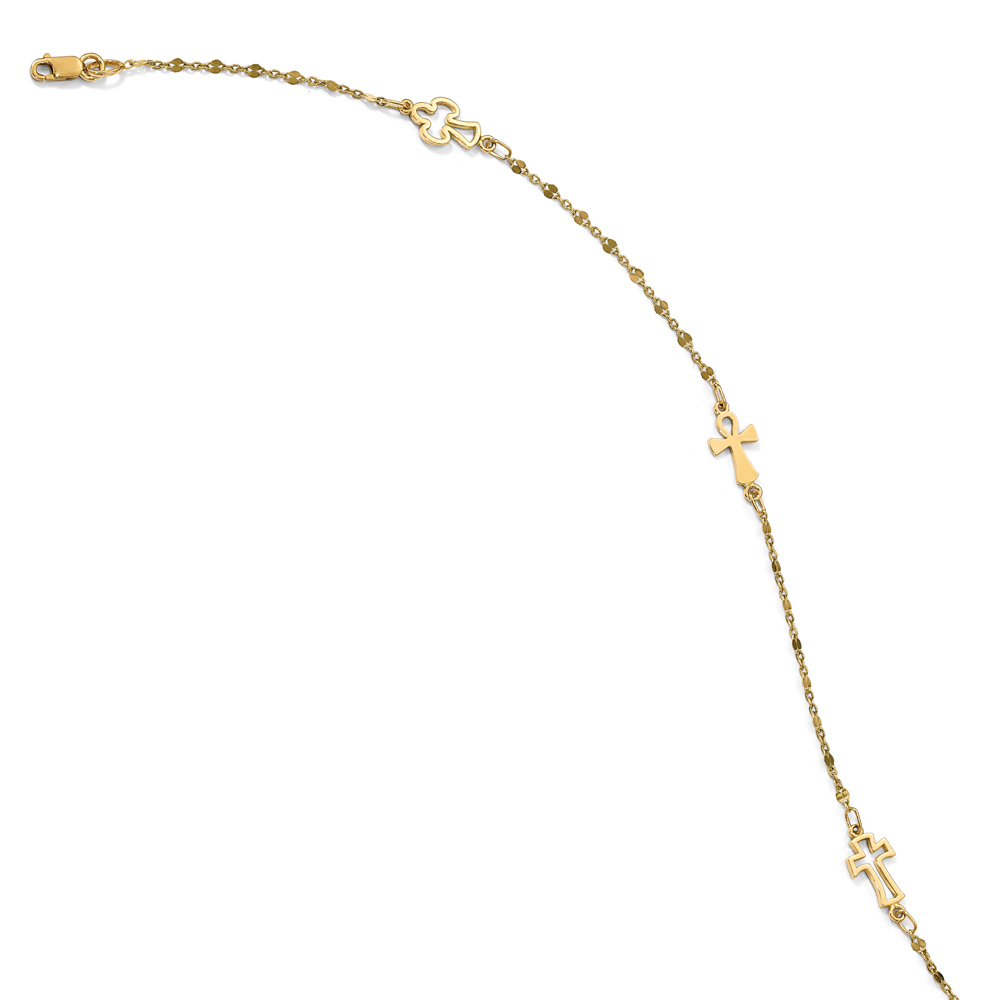Polished Triple Ankh & Cross Ladies Ankle Bracelet 14k Yellow Gold