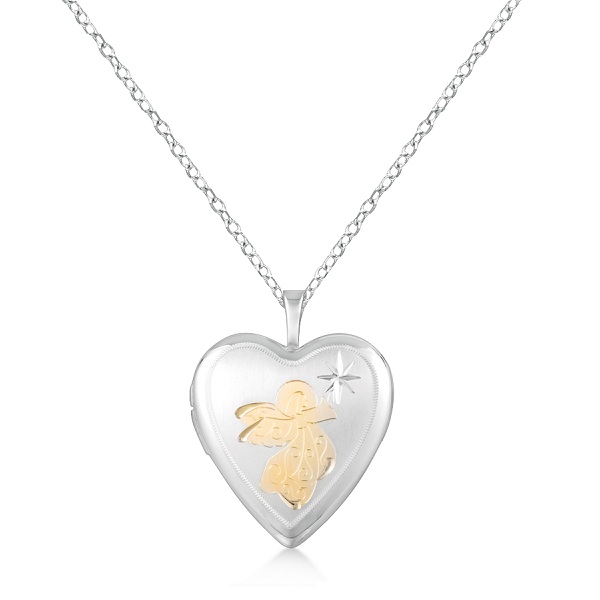 Heart Pendant Locket Necklace w/ Angel & Star Design Sterling Silver