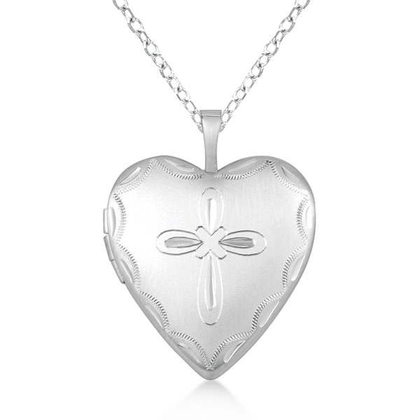 Heart Shaped Photo Locket Necklace w/ Cross Design Sterling Silver