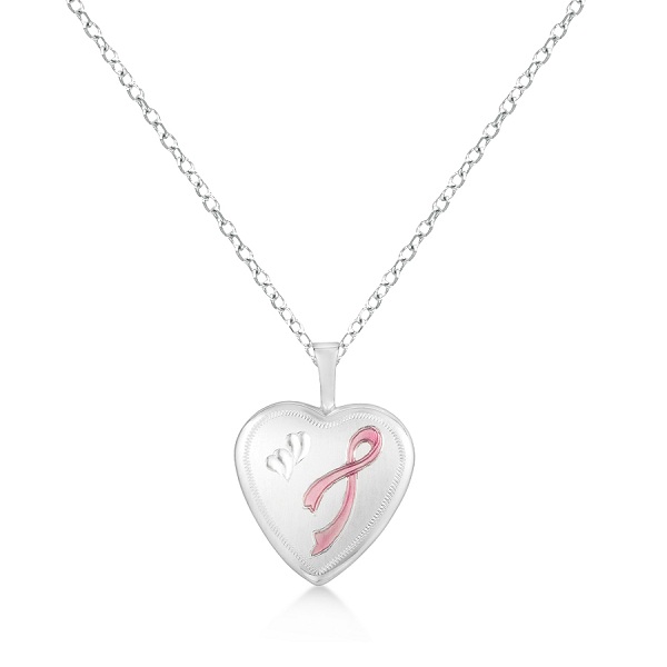 Breast Cancer Ribbon Design Heart Pendant Locket Sterling Silver