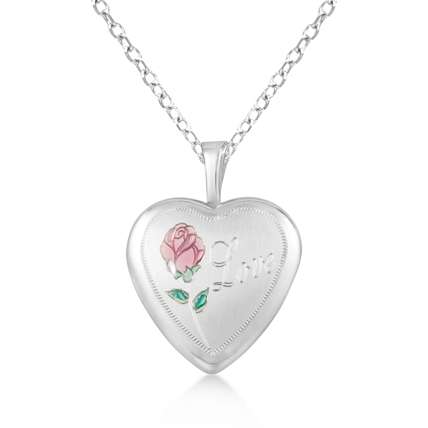 Heart Pendant Photo Locket w/ Love Engraving & Flower Sterling Silver