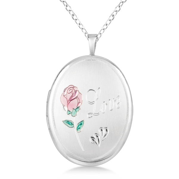 Oval Pendant Photo Locket w/ Love Engraving & Flower Sterling Silver