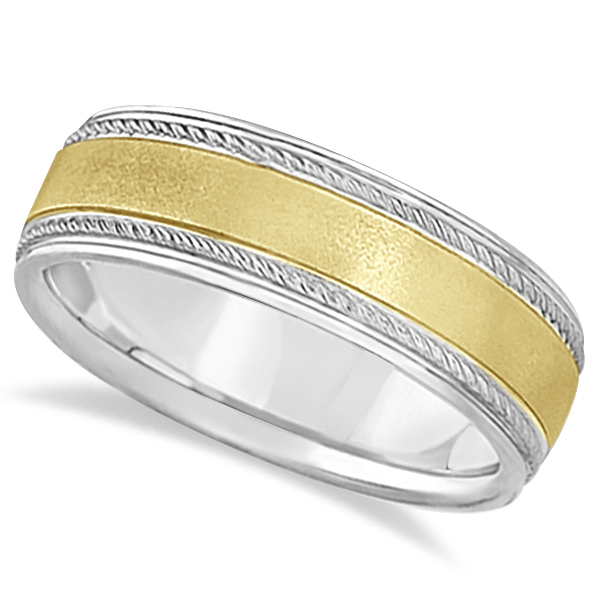 Matt Finish Two Tone Wedding Ring Milgrain 18k Gold (7mm)