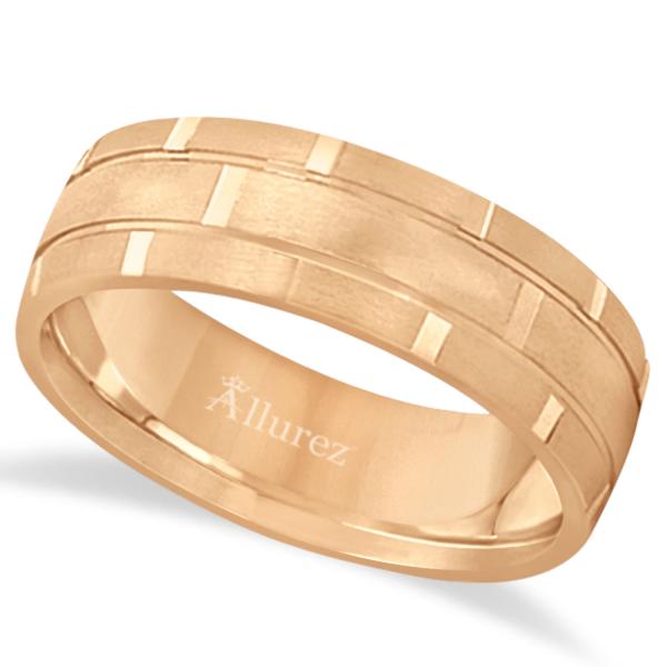 Contemporary Carved Mens Unique Wedding Ring 18k Rose Gold (6mm)