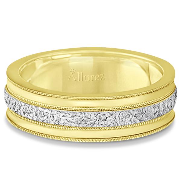 Carved Men's Wedding Ring Diamond Cut Band 14k Two Tone Gold (7 mm)