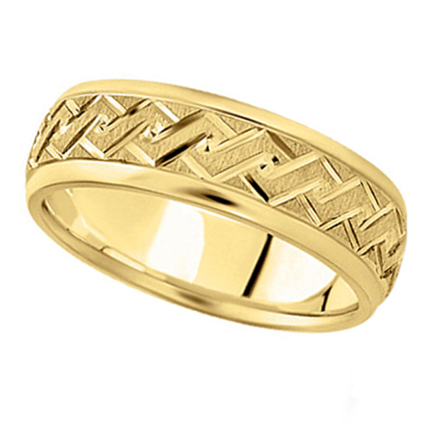 Men's Fancy Carved Comfort-Fit Wedding Band 14k Yellow Gold (7mm)