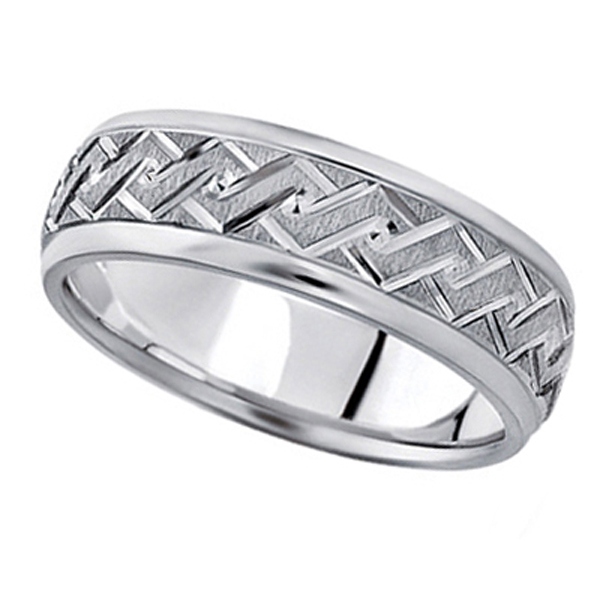 Men's Fancy Carved Comfort-Fit Wedding Band 18k White Gold (7mm)