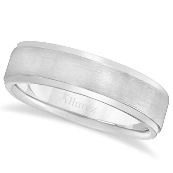 Men's Ridged Wedding Ring Band Satin Finish 14k White Gold (7mm)