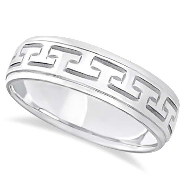 Greek Key Wedding Ring Modern Diamond-Cut 14k White Gold (5mm)