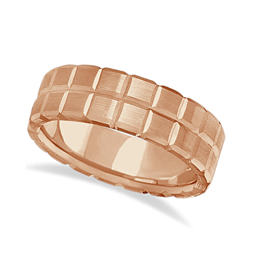 Men's Carved Square Station Wedding Ring Band 14k Rose Gold (8mm)