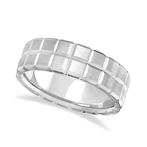 Men's Carved Square Station Wedding Ring Band Palladium (8mm)